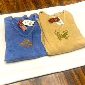 Xcit USA tops large 3/4 sleeves v neck soft 1 blue 1 khaki $30 for both